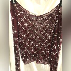 Pearls and crystal rhinestones beaded sheer mesh maroon top size small brand new
